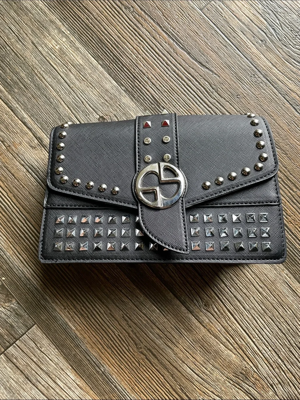 Black Studded Clutch Bag with Silver Hardware